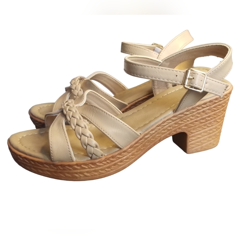 CREAM strappy braided platform chunky heeled sandals